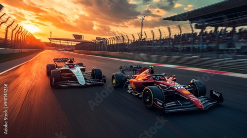 Two formula one cars racing on a track during a vibrant sunset, showcasing sp...