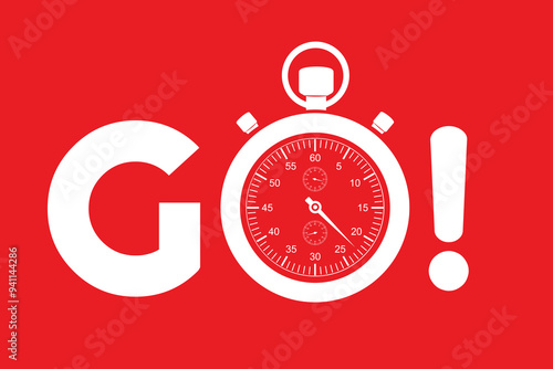 Classic Stopwatch as white Go Sign on a red background. Fitness and competition concept letters GO with stopwatch. Vector illustration