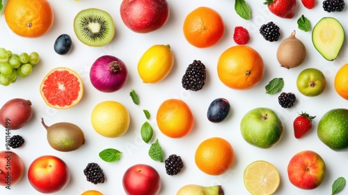 Wallpaper Mural A white background with a variety of fruits arranged in rows, AI Torontodigital.ca