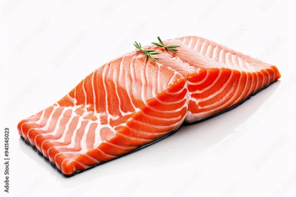 Fresh salmon fillet with rosemary sprig isolated on white. Fresh salmon fillet with rosemary sprig isolated on white.