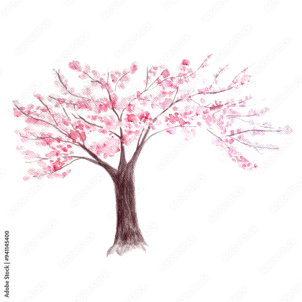 Fototapeta premium Pink sakura cherry blooming tree watercolor illustration isolated on white. Hand painted high quality seasonal nature design element. Great for cards, wedding design, beauty salons, travel ads