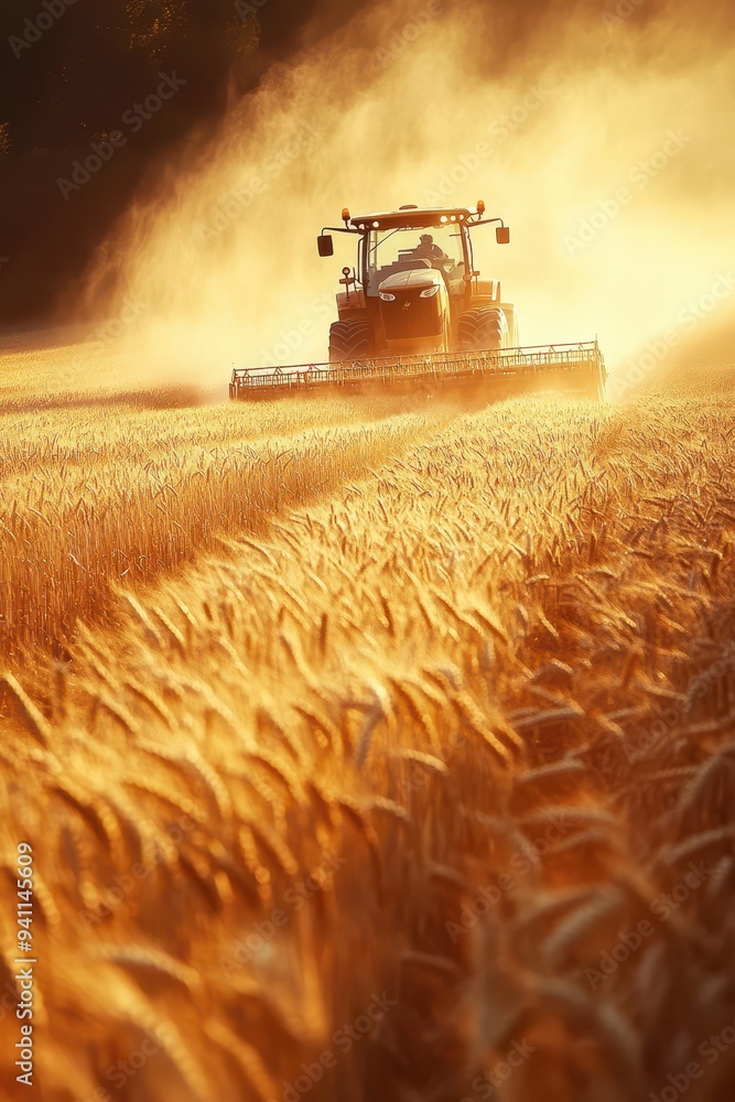 Golden Hour Harvest - Tractor Plowing Through Wheat Field at Sunset, Dust Rising in the Warm Evening Light Golden Hour Harvest - Tractor Plowing Through Wheat Field at Sunset, Dust Rising in the Warm Evening Light