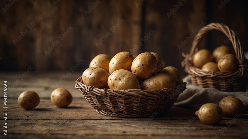 Basket of potatoes on rustic wooden surface. Basket of potatoes on rustic wooden surface.