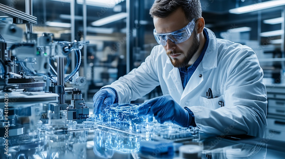 A robotics engineer working on the development of AI-driven autonomous vehicles in a state-of-the-art lab Stock Photo with copy space A robotics engineer working on the development of AI-driven autonomous vehicles in a state-of-the-art lab Stock Photo with copy space