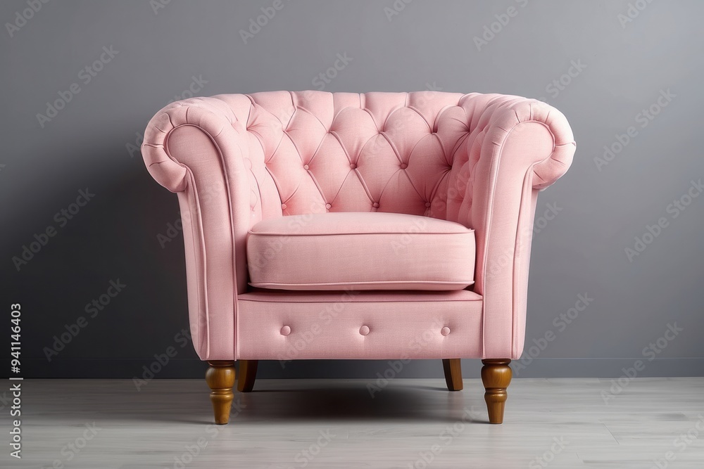 Pink Armchair with Button Tufting and Wooden Legs Pink Armchair with Button Tufting and Wooden Legs