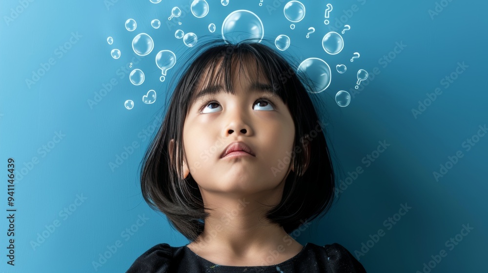 Girl, Questions and Thought Bubbles. Pensive Young Girl on Blue Background, Curious Child Thinking. Girl, Questions and Thought Bubbles. Pensive Young Girl on Blue Background, Curious Child Thinking.
