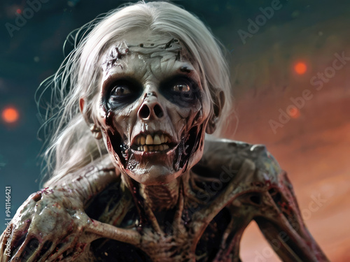 Skeletal zombie woman with peeling flesh, scars and a pained expression