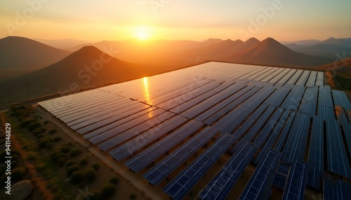 Solar panel produces green, environmentaly friendly energy from the setting sun. Aerial view from drone. Landscape picture of a solar plant that is located inside a valley
 photo