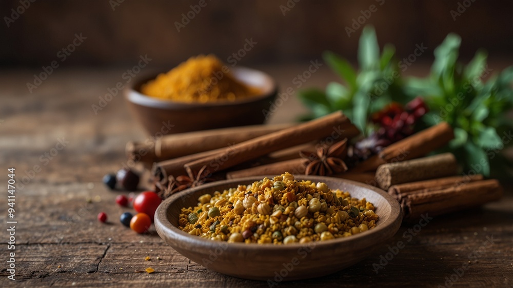 Assorted spices and herbs on a rustic wooden table. Assorted spices and herbs on a rustic wooden table.