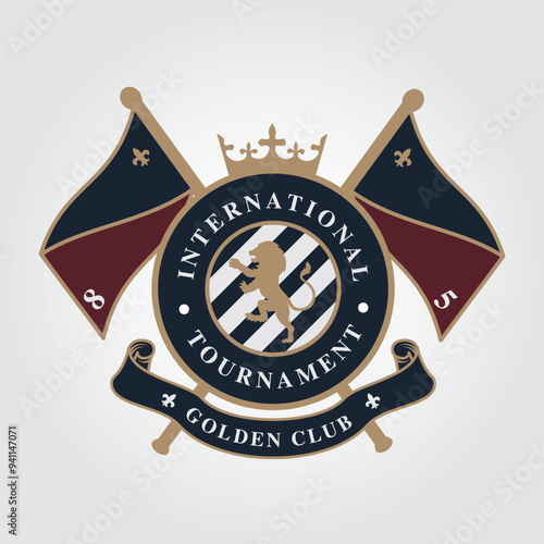 lion logo, shield whit flags, tournament
