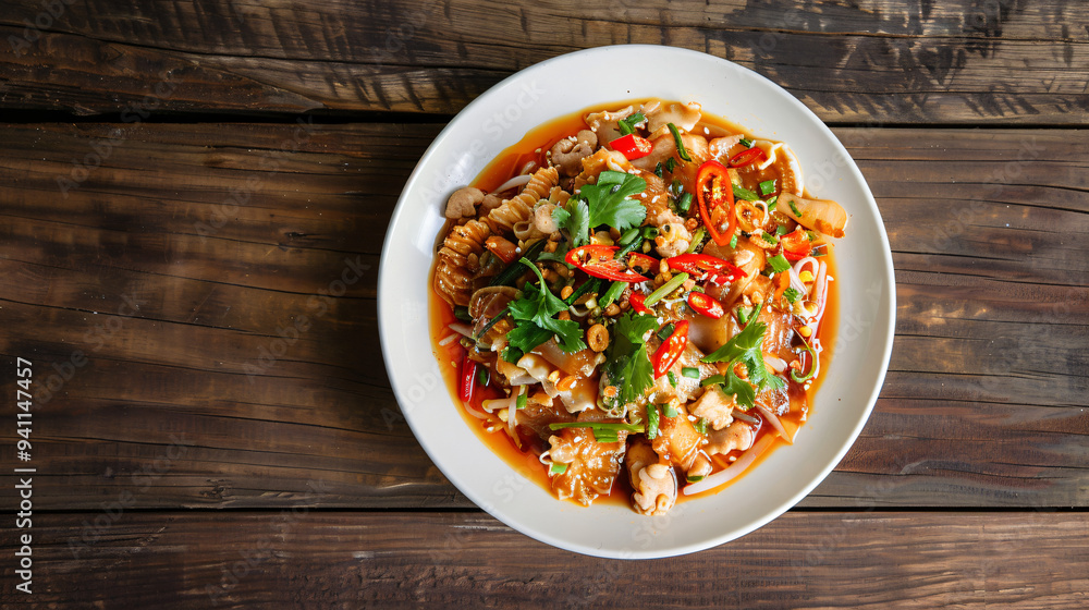 Chicken and peanut asian salad served on a rustic wooden table on a white plate Chicken and peanut asian salad served on a rustic wooden table on a white plate
