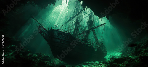 Haunting Underwater Shipwreck in a Dark Cave