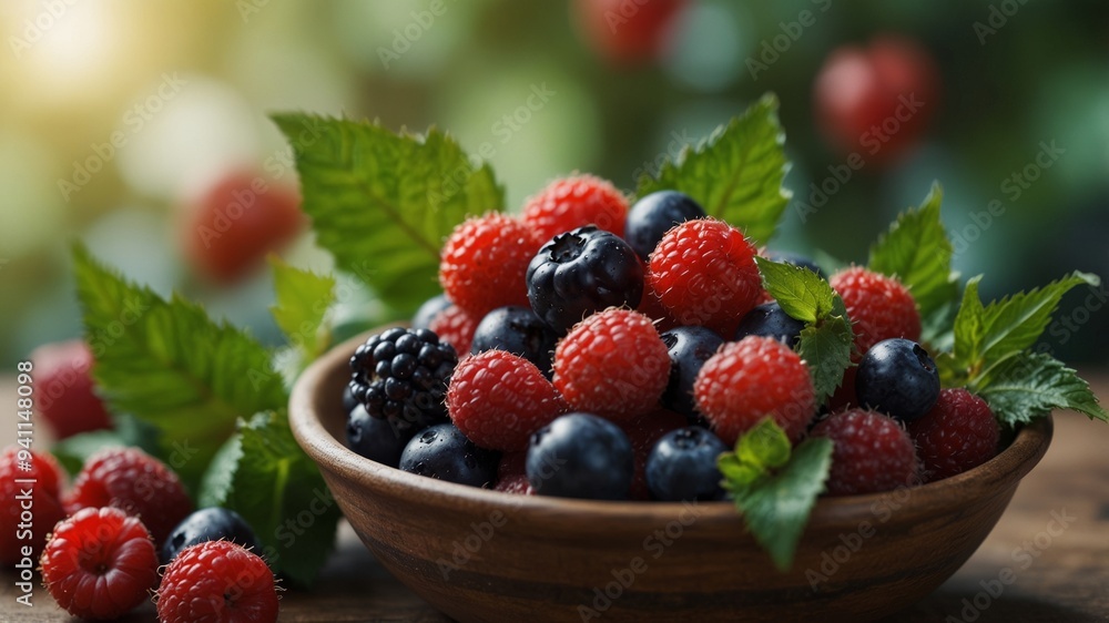 Assorted fresh berries in a bowl with green leaves. Assorted fresh berries in a bowl with green leaves.