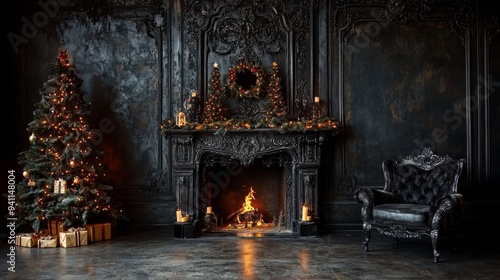 Gothic Christmas. Interior With Fireplace, Christmas Tree, And Candles In Dark And Moody Style photo