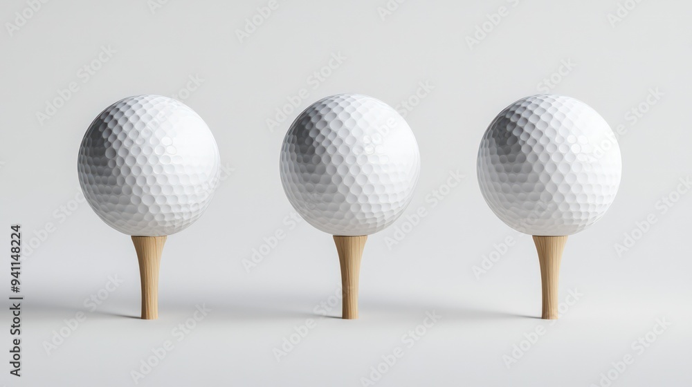 Three golf balls on tees, aligned in a row, against a plain white background. Three golf balls on tees, aligned in a row, against a plain white background.