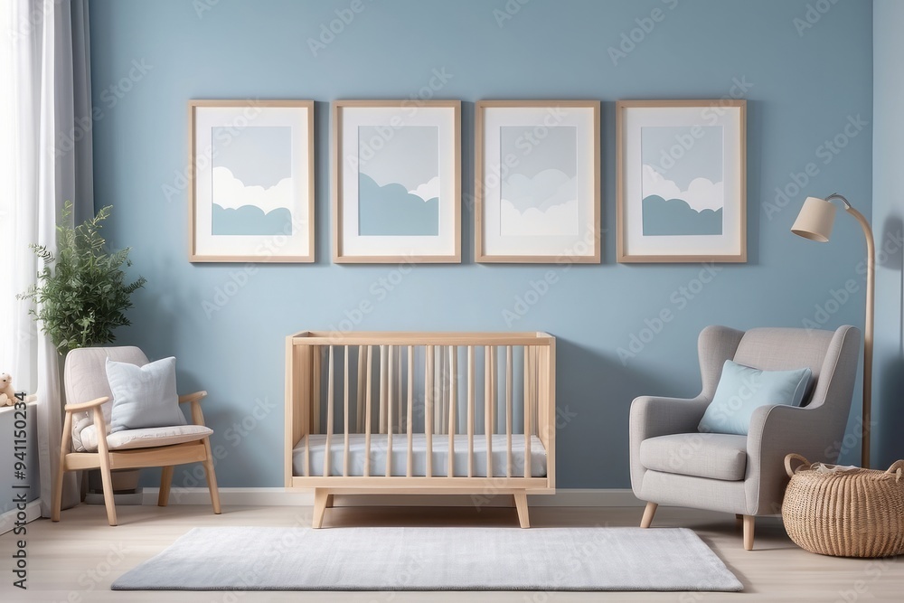 Modern Nursery with Crib, Armchair, and Cloud Prints Modern Nursery with Crib, Armchair, and Cloud Prints