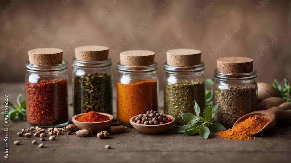 Assorted spices and herbs on a rustic wooden surface. Assorted spices and herbs on a rustic wooden surface.