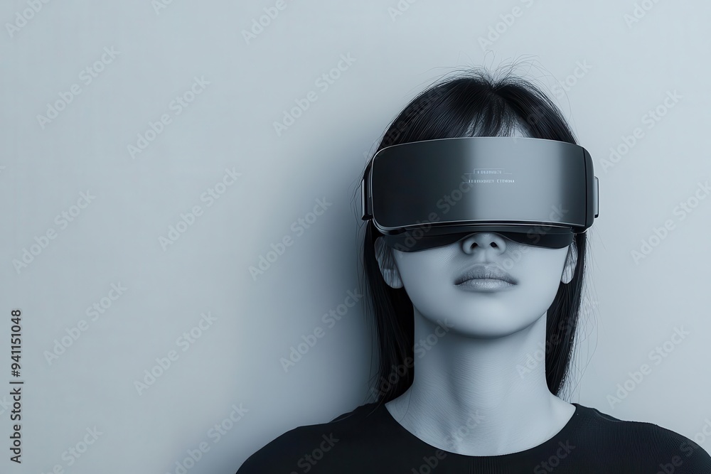 A woman wearing virtual reality goggles, immersed in a digital world, showcasing the future of technology and innovation. A woman wearing virtual reality goggles, immersed in a digital world, showcasing the future of technology and innovation.