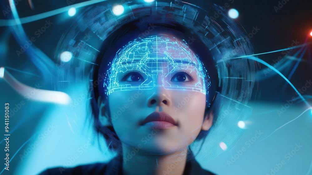 A woman with a futuristic digital overlay on her face, showcasing innovative technology and artificial intelligence concepts. A woman with a futuristic digital overlay on her face, showcasing innovative technology and artificial intelligence concepts.