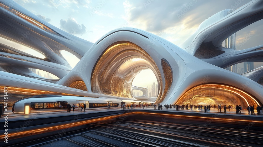 Futuristic architectural structure with flowing curves and warm lighting in a modern cityscape Futuristic architectural structure with flowing curves and warm lighting in a modern cityscape