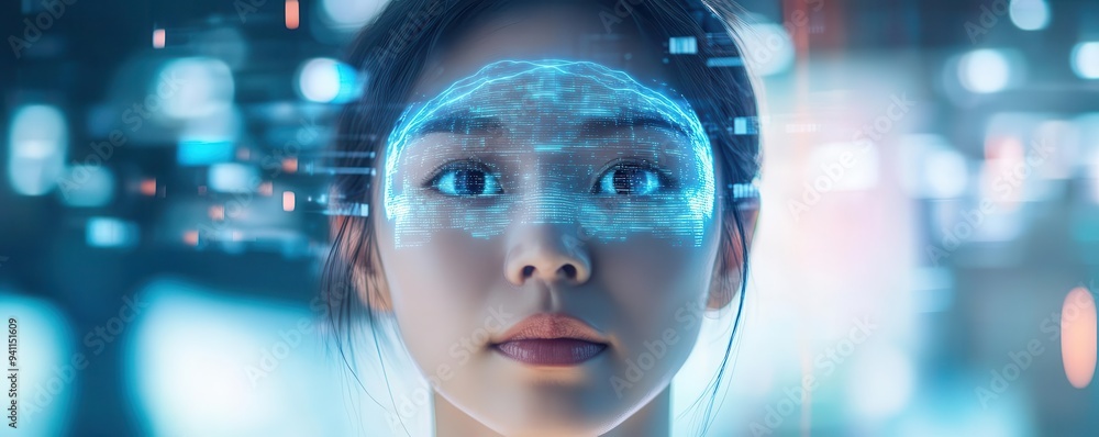 A young woman with facial recognition technology overlay, symbolizing innovation and the future of digital identity. A young woman with facial recognition technology overlay, symbolizing innovation and the future of digital identity.