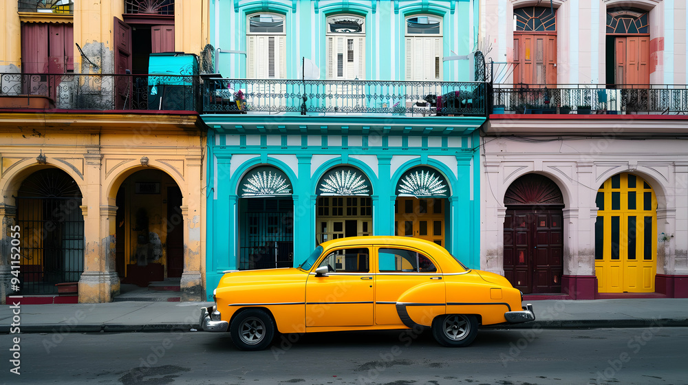 Fototapeta premium Old Yellow Car Parked Front Building