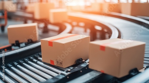 Packaging boxes on conveyor belt in warehouse, e-commerce and cargo concept