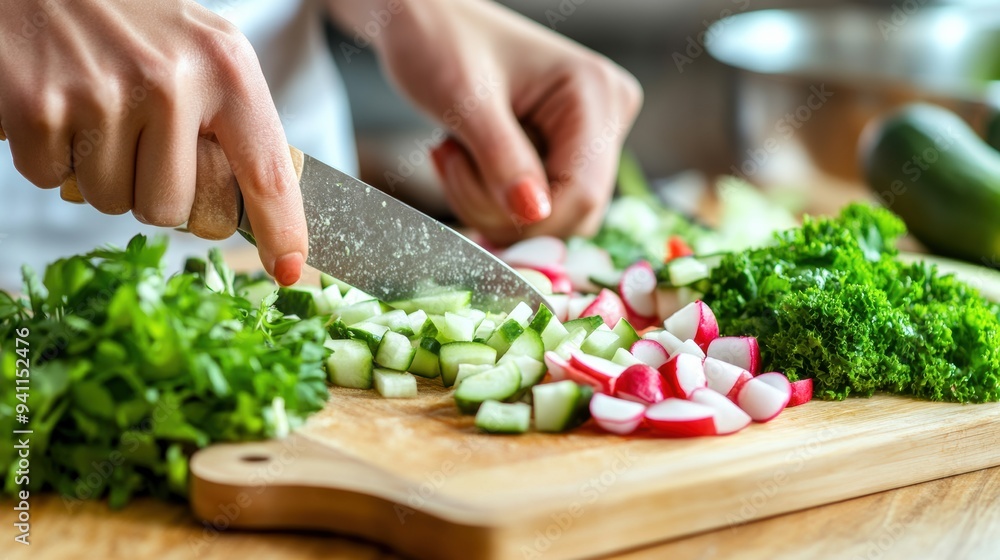 A person cutting up vegetables on a wooden board with knife, AI A person cutting up vegetables on a wooden board with knife, AI