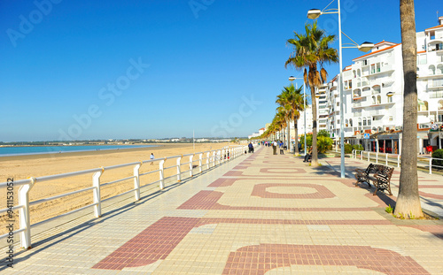 Valdelagrana promenade and beach in El Puerto de Santa Maria, Cadiz province, Andalusia, southern Spain. Beaches of El Puerto, Costa de la Luz Cadiz.