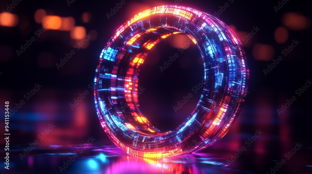 Obraz premium Glowing neon rings stacked in a futuristic design, creating a vibrant and dynamic abstract pattern