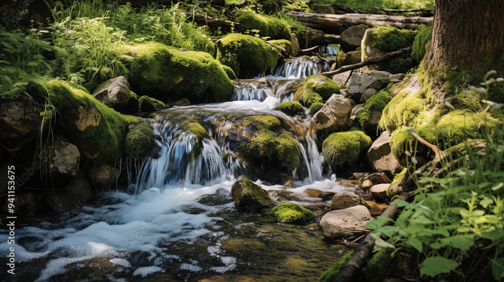 Serene Forest Stream with Mossy Rocks and Cascading Water Serene Forest Stream with Mossy Rocks and Cascading Water