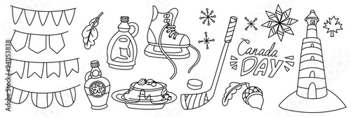 A set of vector doodle illustrations on a Canadian theme in a flat contour style. Canada Day. Individual objects, food, holiday on a white background. Ideal for creating handmade souvenirs