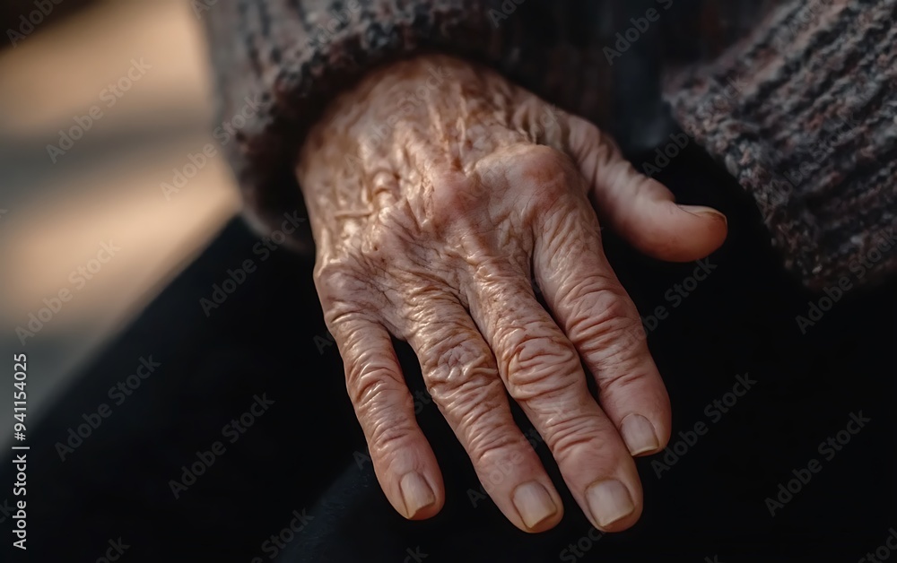 Fototapeta premium Close-up of an elderly woman's wrinkled hand with prominent veins.