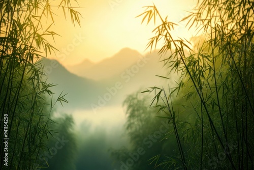 Bamboo Forest at Dawn with Misty Mountains in the Background