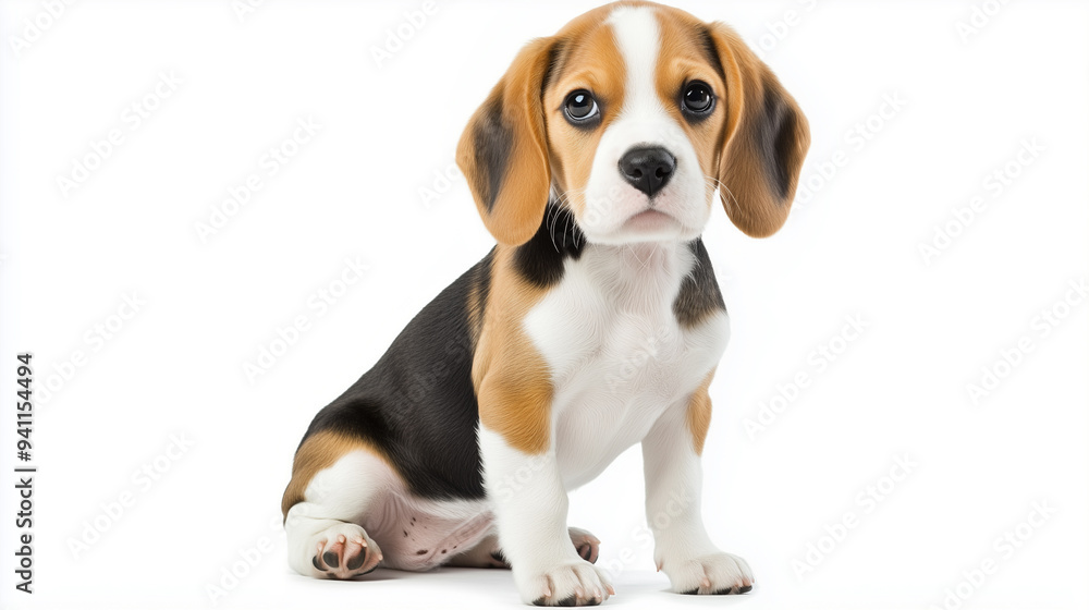 Beagle Horizontal Beagle puppy sitting with its head tilted to the right, adding charm ...