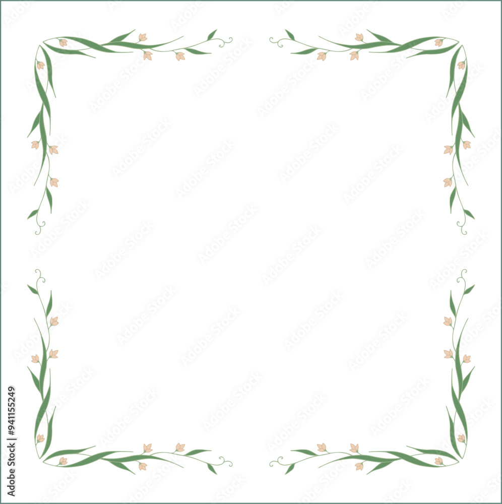 Green vegetal floral frame with leaves and beige flowers, decorative corners for greeting cards, banners, business cards, invitations, menus. Isolated vector illustration.
Green vegetal floral frame with leaves and beige flowers, decorative corners for greeting cards, banners, business cards, invitations, menus. Isolated vector illustration.