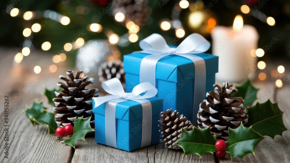 Two blue gift boxes with white ribbon and pine cones Two blue gift boxes with white ribbon and pine cones