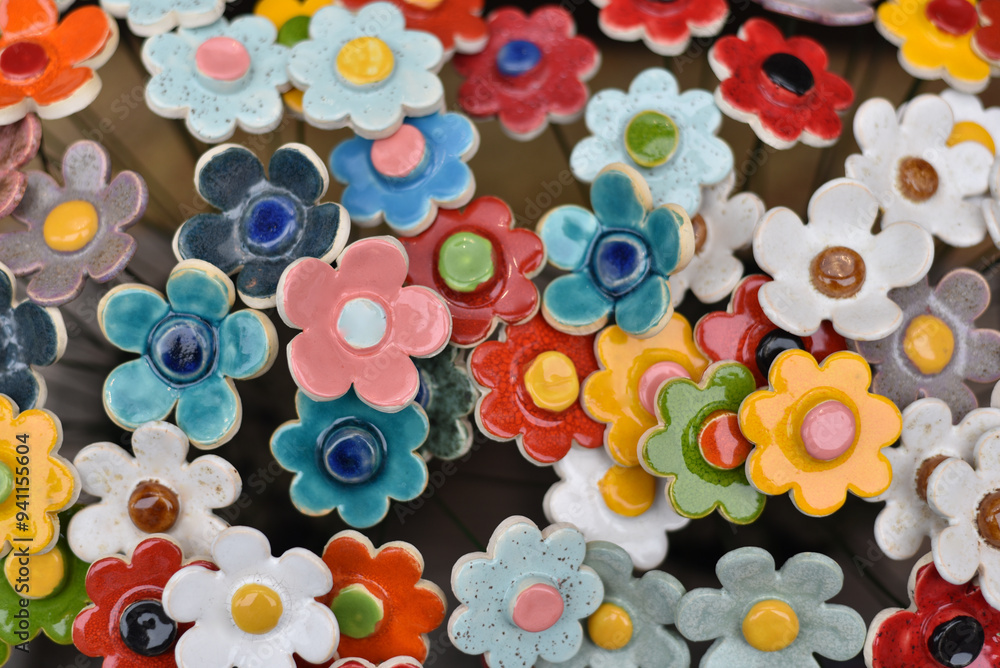 Colorful ceramic flowers close-up. Creation Colorful ceramic flowers close-up. Creation