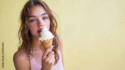 Hübsche Frau leckt an Softeis und strahlt eine sinnliche Stimmung aus photo