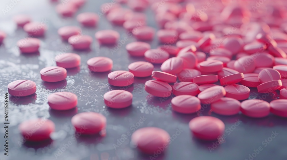 A group of small pink pills sit neatly arranged on a table, suitable for use in pharmaceutical or medical context A group of small pink pills sit neatly arranged on a table, suitable for use in pharmaceutical or medical context