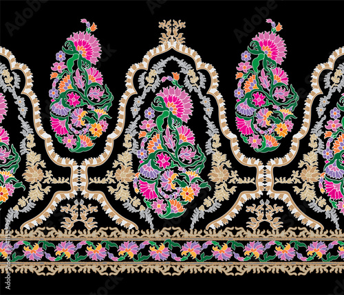 Floral Textile border seamless pattern.Traditional Kashmiri Shawl design.Design with flower,leaf on black backgroud.Classic style.Design for adding to textile,embroidery,decorative,fashion industry.