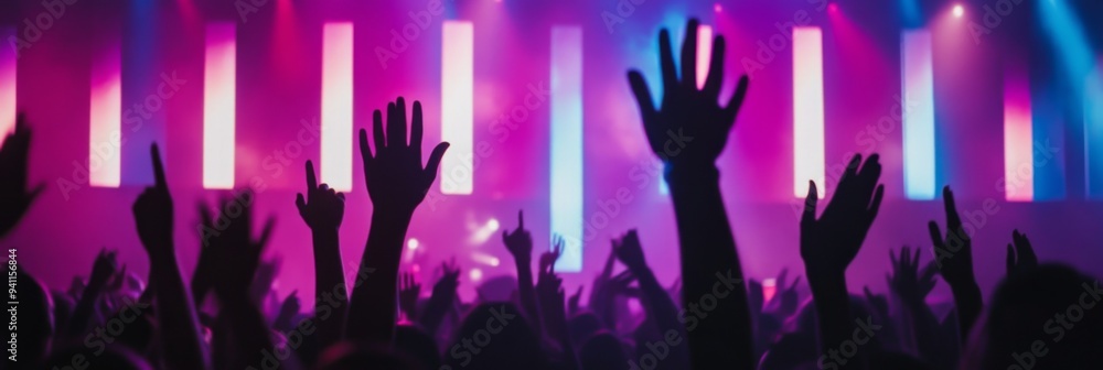 Crowd raising their hands on a background of colorful neon stage lights of a music festival Crowd raising their hands on a background of colorful neon stage lights of a music festival