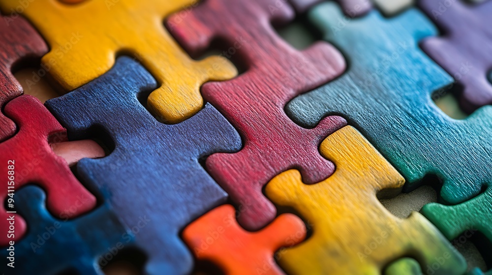 Close-up of colorful wooden puzzle pieces interlocked together. Close-up of colorful wooden puzzle pieces interlocked together.