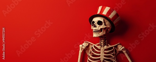 Shadowed skeleton in a carnival ringmaster costume, eerie circus theme photo