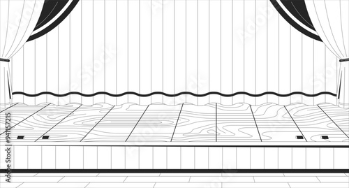 High school theatre stage black and white line illustration. Curtains concert hall 2D interior monochrome backdrop. Theatrical empty. Performing arts entertainment. Highschool theater outline vector
