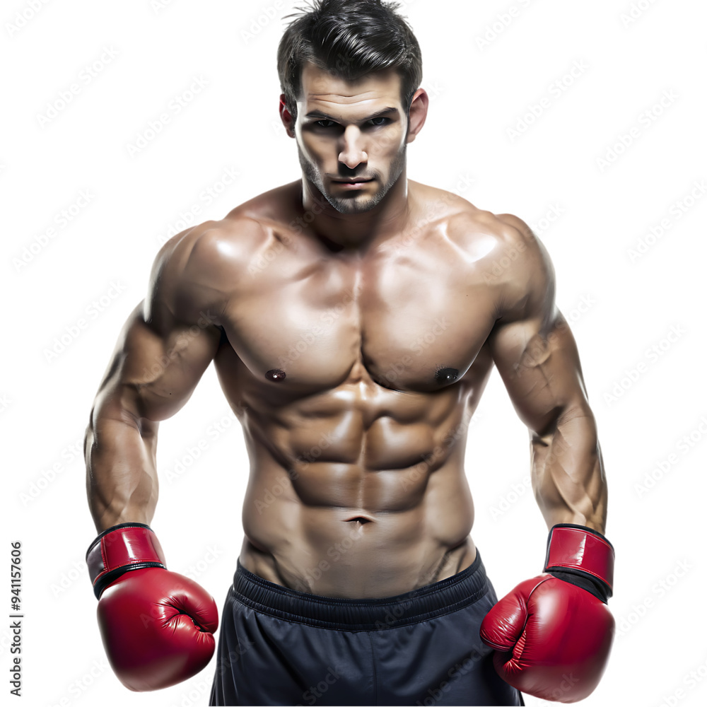 Shirtless kick boxer showing his punches and kicks