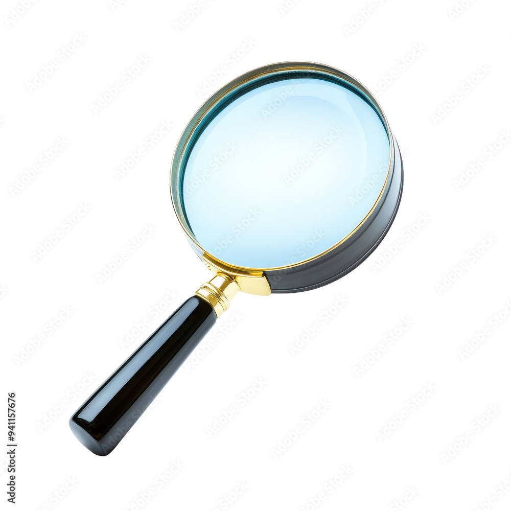 A magnifying glass with a black handle and a clear lens, perfect for search or detective-themed projects. A magnifying glass with a black handle and a clear lens, perfect for search or detective-themed projects.