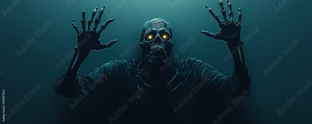Shadowy grim reaper silhouette with glowing eyes, skeletal hands reaching out from darkness, horror-themed fantasy artwork Shadowy grim reaper silhouette with glowing eyes, skeletal hands reaching out from darkness, horror-themed fantasy artwork