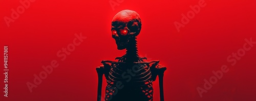 Grim reaper s shadow morphing into a skeleton, surreal dark imagery with glowing red eyes, horror fantasy concept photo