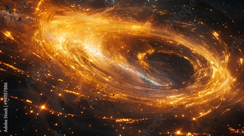 A swirling galaxy of golden energy and cosmic dust in a vast universe.